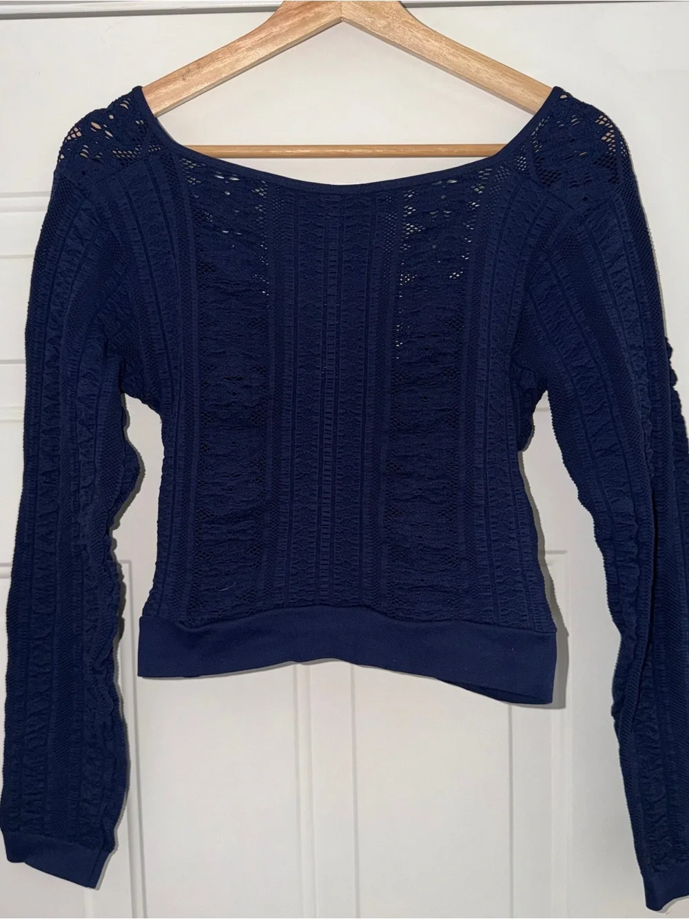 Free People Movement Navy Stretch Lace Faux-Wrap Knit Top. Sz L